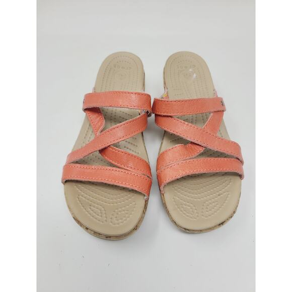 Crocs Womens A Leigh Wedge Sandals 8 Coral Pink Leather Strappy Cork Heels - Picture 3 of 11
